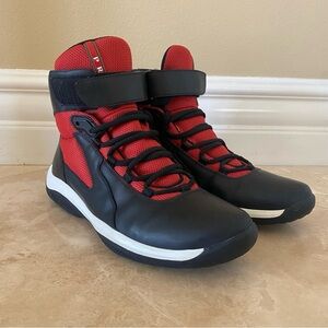 Prada Red and Black High-Top Sneakers